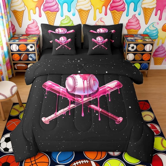 Erosebridal Pink Drippy Baseball Bat & Ball Print Twin Bedding Sets, Sweet Sports Bedding Comforter Set for Kids Boys and Girls, Black Reversible 7-Piece