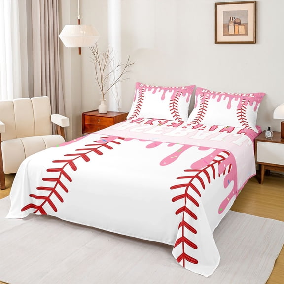 Erosebridal Pink Drippy Baseball Print Full Size Sheets, Sports Monogram Bed Sheets for Kids Boys and Girls, 1 Flat Sheet, 1 Fitted Sheet and 2 Pillowcases