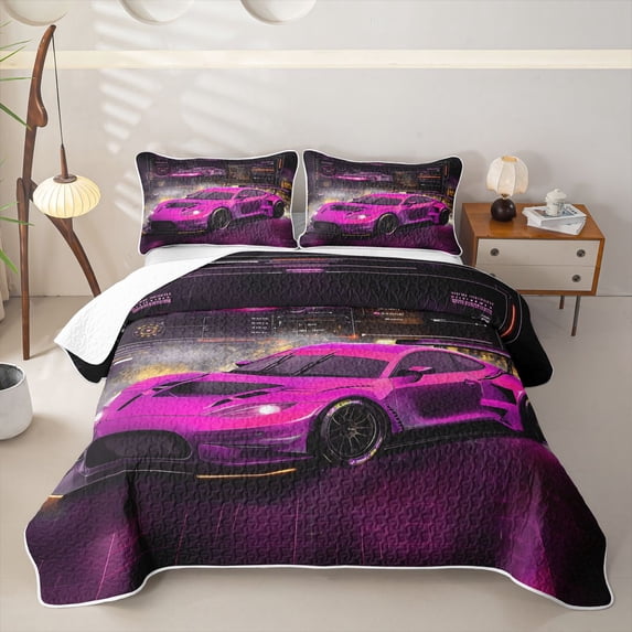 Erosebridal Pink Fast Car Bed Spread Queen for Boys,Car Theme Queen Coverlet Set for Teens