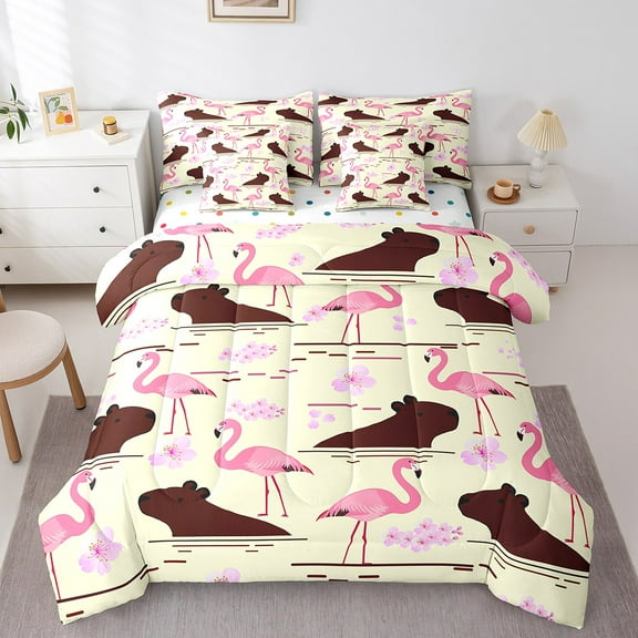 Erosebridal Pink Flamingo Bedding King Size, Cute Capibara Bed in a Bag King size, Cherry Blossoms Decor, Reversible 7pcs
