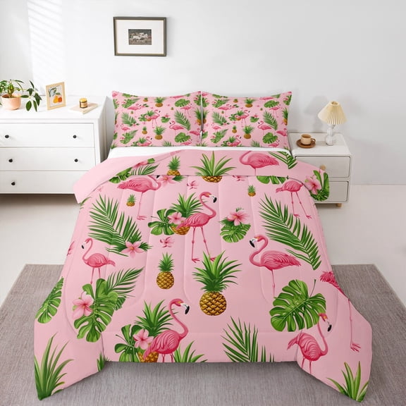 Erosebridal Pink Flamingo Bedding Queen Comforter Set, Palm Botanical Comforter Sets Queen Size, Pineapple Fruit Reversible Down Comforter, Breathable Bedroom Decorative, 3pcs
