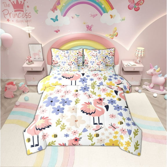 Erosebridal Pink Flamingo Bedding Queen Size, Multicolor Flower Comforter Sets with Sheets, Tropical Wildlife Duvet Set, Ultra Soft Room Decor, Reversible 7-Piece