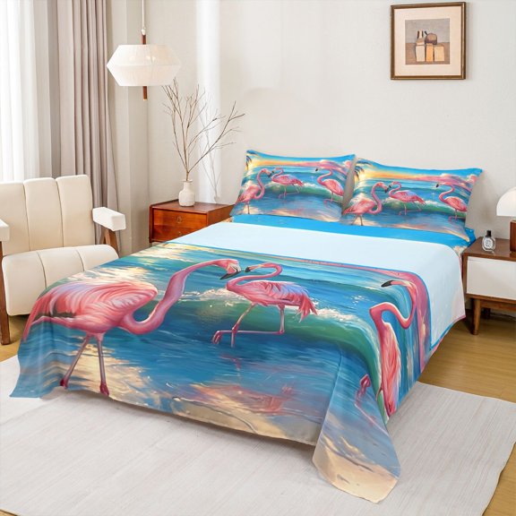 Erosebridal Pink Flamingo Full Size Sheets 4-Piece For Teens,Boys Girls Hawaiian Ocean Beach Bed Sheets,Lightweight Room Decor