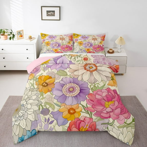 Erosebridal Pink Floral Flower Bedding Sets King With Comforter,Vintage Retro Comforter Sets King Size,Bohemian Decor,Ultra Soft,3-Piece