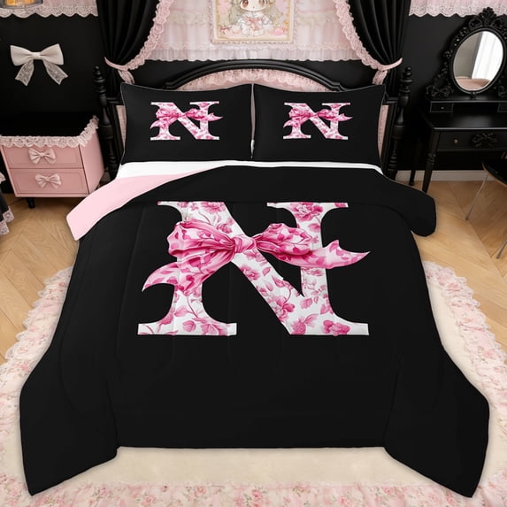 Erosebridal Pink Floral Letter N Bow Queen Comforter Set for Girls Women, Princess Bowknot Bedding Comforter Set, Reversible, 3pcs