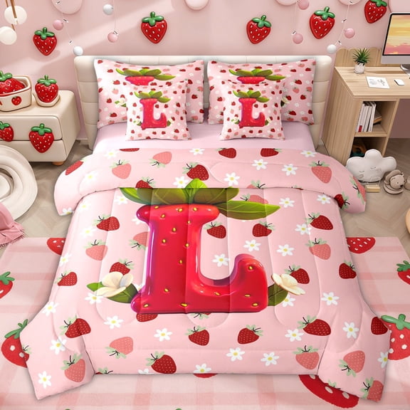 Erosebridal Pink Floral Strawberry Bedding Comforter Set for Kids, Girls Princess Letter L Queen Bedding Sets, Pink Reversible, 7 Pieces