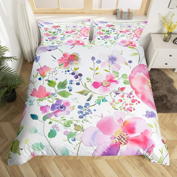 Erosebridal Pink Florals Flower Duvet Cover, Watercolor Leaf Bedding Full Size, Botanical Theme Room Decor (No Comforter)