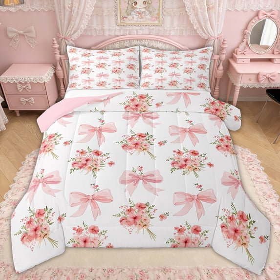 Erosebridal Pink Flower Bow Full Size Comforter Sets for Girls, Spring Groovy Floral Bedding Sets, Pink Reversible, 3 Pieces