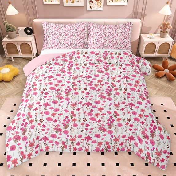 Erosebridal Pink Flower Full Size Comforter Sets for Girls, Chic Floral Bedding Sets, Reversible, 3pcs