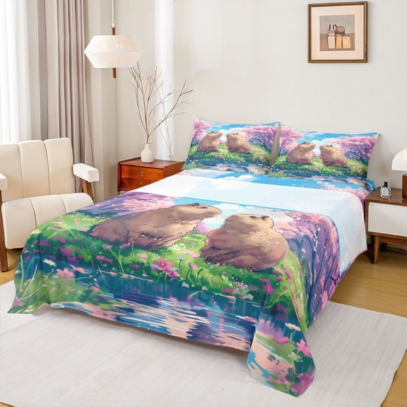 Erosebridal Pink Flowers Floral Bed Sheets,Kawaii Rodent Animal Capybara King Sheets For Kids 4pcs