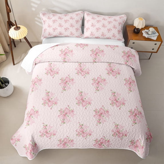 Erosebridal Pink Flowers Print Twin Quilt Set,Princess Ribbon Bow Twin Coverlet Set For Girls,2 Pieces