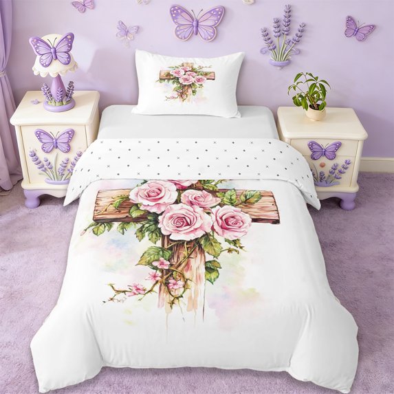 Erosebridal Pink Flowers Twin Bedding,Rustic Plant Floral Duvet Cover Set For Girls Kids 2 Pieces,No Comforter,Reversible