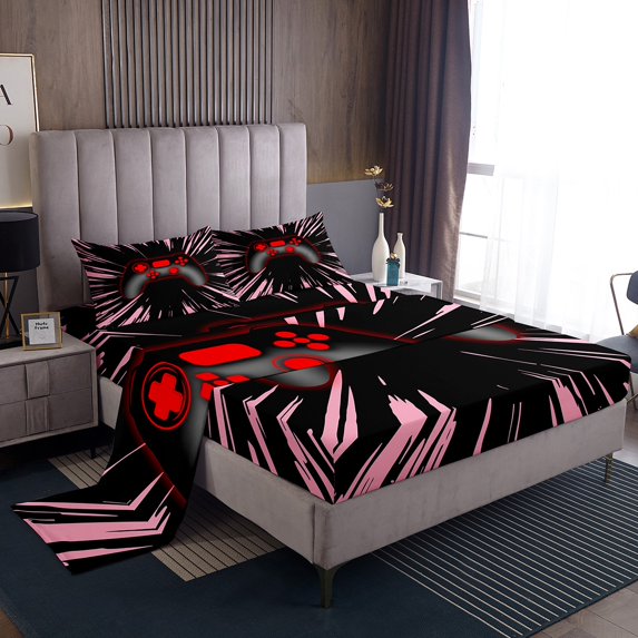 Erosebridal Pink Gamepads Bed Sheets King,Geometric Lines King Sheet Sets,Video Game Sheet Set King,Super Cozy Gamer Room Decoration,4pcs