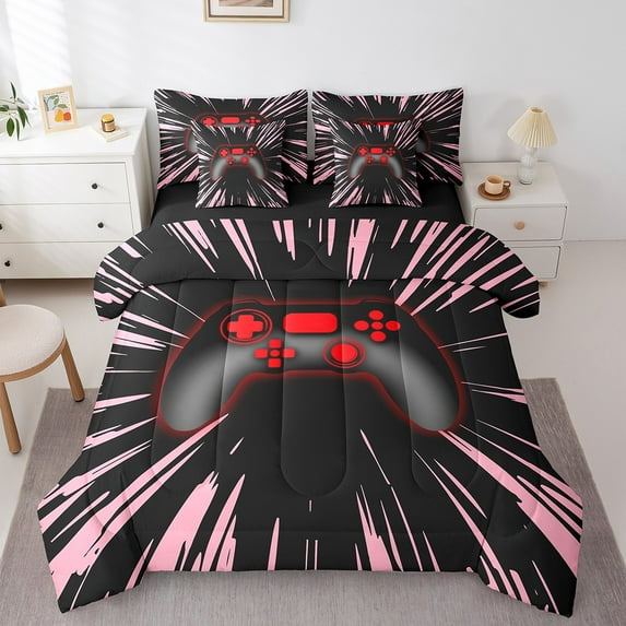 Erosebridal Pink Gamepads Bedding Sets Twin Size,Geometric Lines Comforter Sets with Sheets,Video Game Bed in a Bag Twin size,Super Cozy Gamer Room Decoration,Reversible,7-Piece