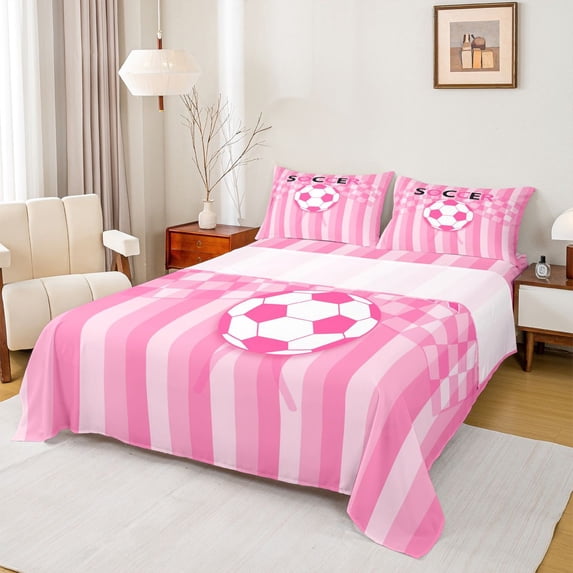 Erosebridal Pink Geometric Stripes Bed Sheets,Football Sport Game Soccer Ball Theme Kids King Sheets 4pcs