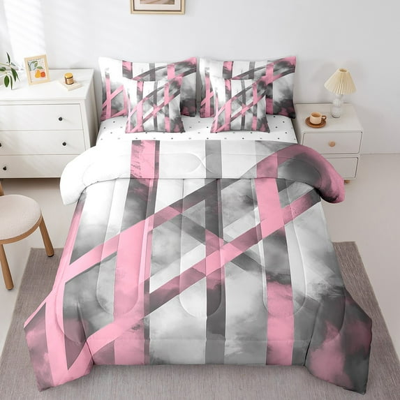 Erosebridal Pink Geometric Stripes Bedding Twin Size,Oil Painting Style Bed Set,Modern Desgin Bedding Sets Twin Size,Breathable Room Decor Reversible,7pcs