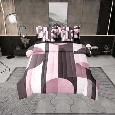 Erosebridal Pink Geometry Bedding Sets Twin Size,Mid Century Comforter Sets with Sheets,Geometric Stripes Bed in a Bag Twin size,Super Cozy Abstract Bedroom Decor,Reversible,7-Piece