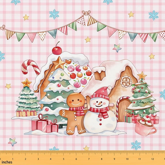 Erosebridal Pink Gingerbread Village Fabric by the Yard 3 Yards, Snowman Gift Banner Room Decor Fabric by the Yard
