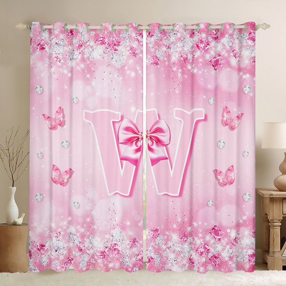 Erosebridal Pink Girly Bow Tie Black Out Curtains For Kids,3D Letter W Personalized Gift Curtains Pack of 2 (42x63 Each)
