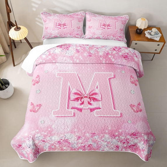 Erosebridal Pink Girly Bowtie Twin Quilt Set For Kids,3D Letter M Personalized Initial Twin Coverlet Set,2 Pieces