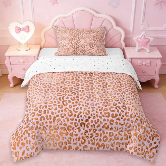 Erosebridal Pink Gold Leopard Twin Comforter Sets,Cheetah Animal Print Bedding Set For Girls Kids,Reversible,2pcs