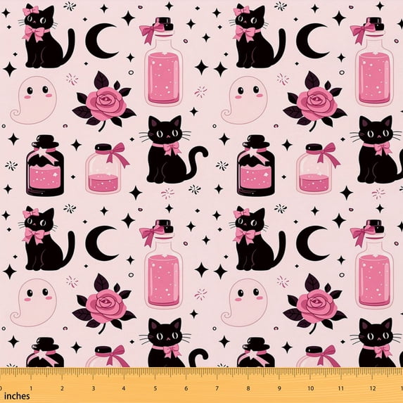 Erosebridal Pink Gothic Halloween Fabric by the Yard 2 Yards, Black Cat Ghost Rose Potion Pattern Sewing Fabric