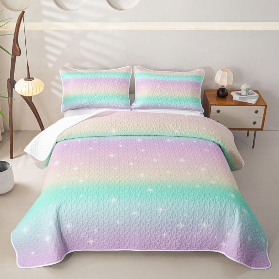 Erosebridal Pink Green Rainbow Bed Spread Queen, Cartoon Stars Sky Queen Coverlet Set, 3pcs