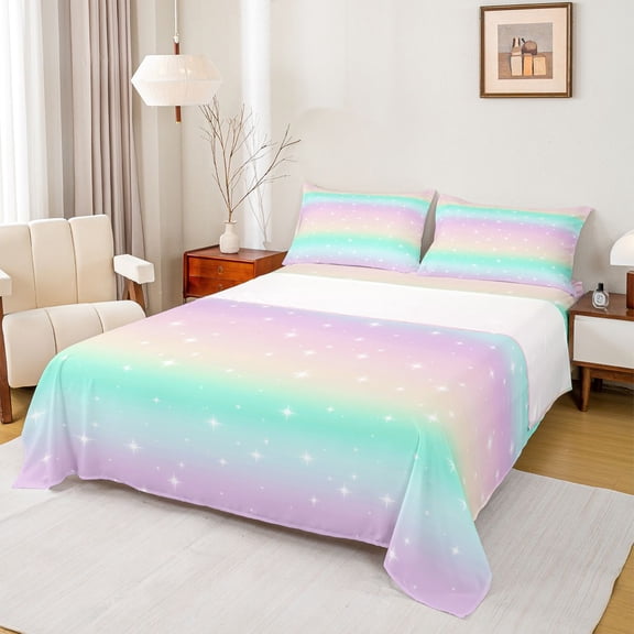 Erosebridal Pink Green Rainbow Queen Sheet Sets, Cartoon Stars Sky Bed Set, 4pcs