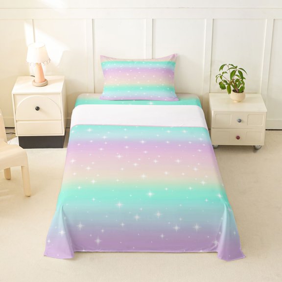 Erosebridal Pink Green Rainbow Twin Sheet Sets, Cartoon Stars Sky Bedding, 3pcs