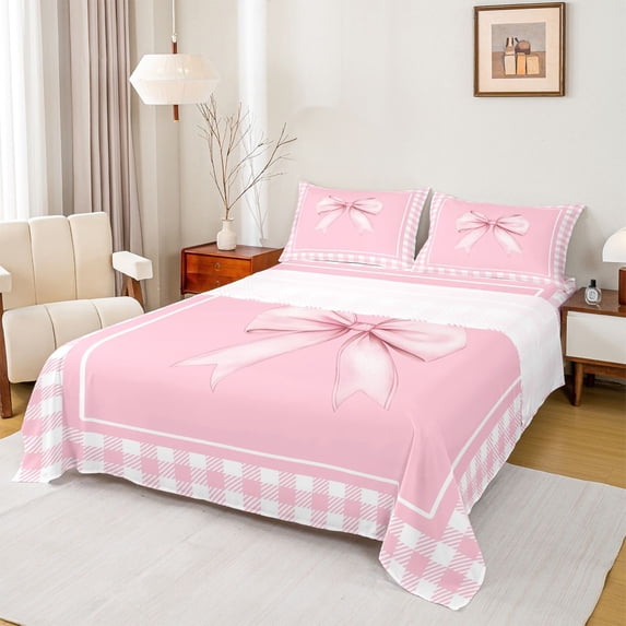 Erosebridal Pink Grid Bow Full Size Sheets, Watercolor Princess Bow Bed Sheets for Women Girls, 4 Pieces