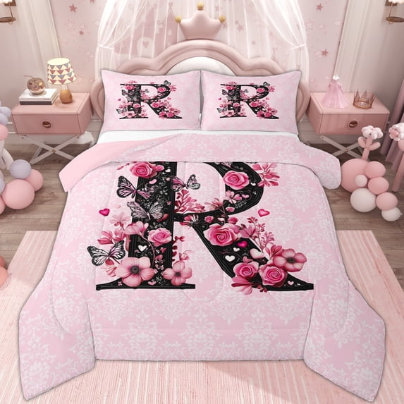 Erosebridal Pink Groovy R Letter Queen Comforter Set, Cartoon Flower Butterfly Bedding Comforter Set, 3-Piece