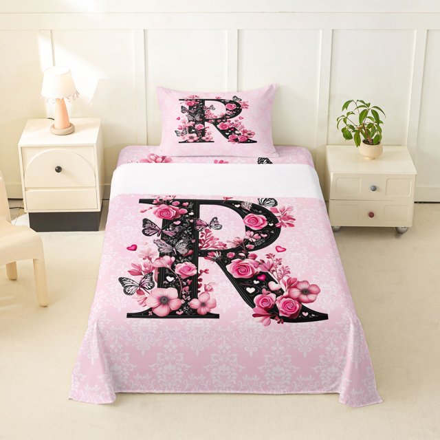 Erosebridal Pink Groovy R Letter Twin Sheet Sets, Cartoon Flower Butterfly Bedding, 3-Piece