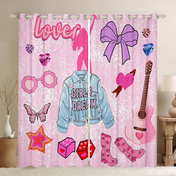 Erosebridal Pink Guitar Curtains for Living Room,Rock Music Curtains and Drapes (52Wx84L),Stars Butterfly Curtains Pack of 2 (52Wx84L),Girls Bedroom Decor