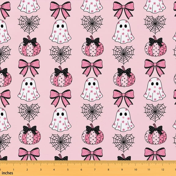 Erosebridal Pink Halloween Ghost Fabric by the Yard 1 Yard, Pumpkin Spider Web Home Decor Fabric by the Yard