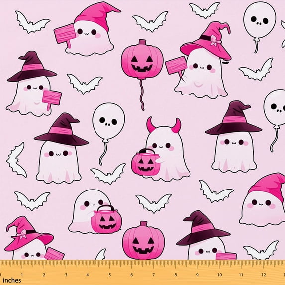 Erosebridal Pink Halloween Ghost Fabric by the Yard 5 Yards, Witch Hat Pumpkin Bat Skull Pattern Fabric for Sewing