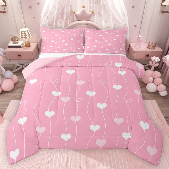 Erosebridal Pink Heart Queen Comforter Set, Cute Princess Bedding Comforter Set, Pink Reversible, 1 Comforter and 2 Pillowcases