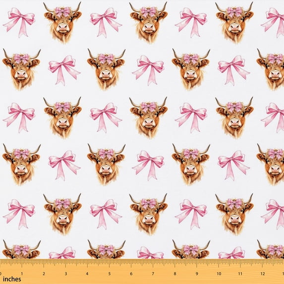 Erosebridal Pink Highland Cow Fabric by the Yard 2 Yards, Gingham Bow Sewing Fabric
