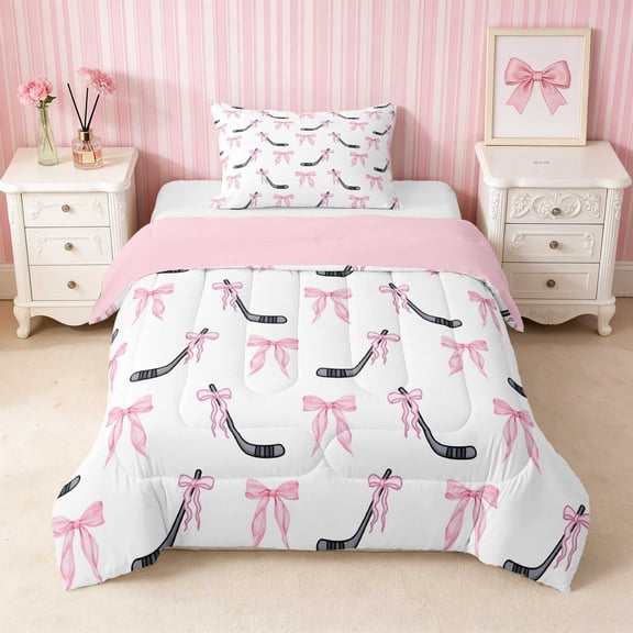 Erosebridal Pink Hockey Stick Bow Twin Comforter Sets for Girls, Sporty Winter Ice Snow Bedding Set, Pink Reversible 2 Pieces 1 Comforter and 1 Pillowcase