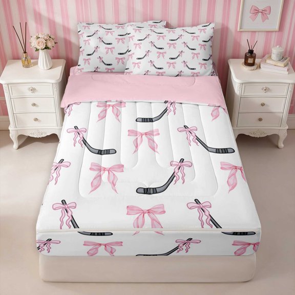 Erosebridal Pink Hockey Stick Bow Zipper Twin Comforter Sets with Fitted Sheet and 2 Pillowcases, Sporty Winter Ice Snow Zipper Bedding Set for Girls, Pink Reversible