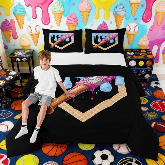Erosebridal Pink Ice Cream Baseball Bat Print Full Size Comforter Sets, Waffle Cone Bedding Sets for Kids Boys and Girls, Black Reversible 3 Pieces, 1 Comforter and 2 Pillowcases