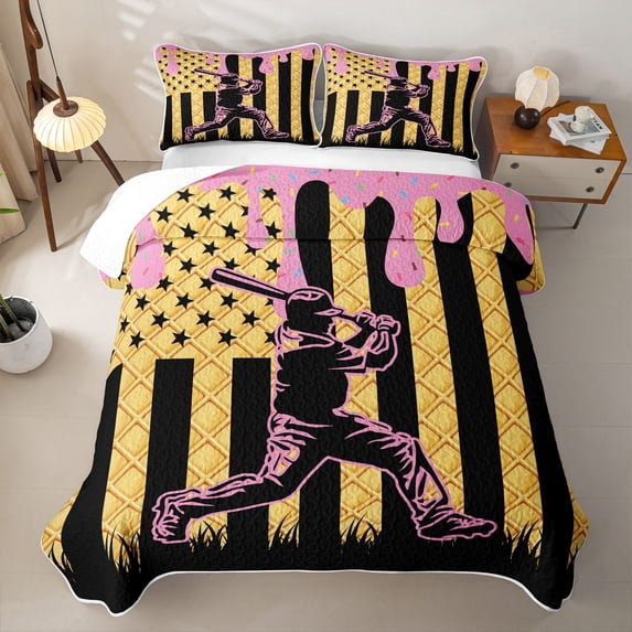 Erosebridal Pink Ice Cream Drip Twin Quilt Set,Baseball Sport Gamer Print Twin Coverlet Set For Kids,2 Pieces