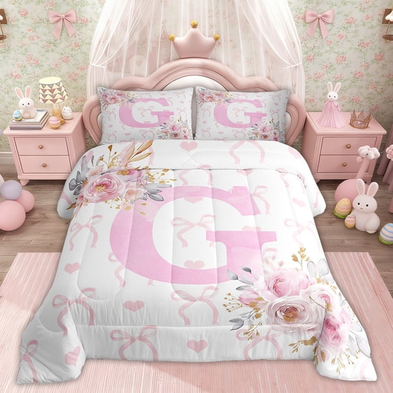 Erosebridal Pink Initial G Bedding Twin Comforter Set, Valentines Day Down Comforter, Romantic Rose Decor, Reversible 2-Piece