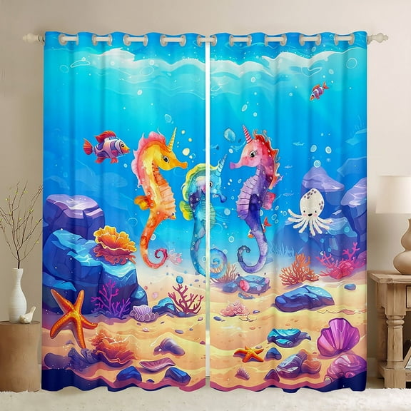 Erosebridal Marine Seahorse Curtains Pack of 2 (42x63),Ocean Animal 30%-50% Black Out Curtains,Teenager Bedroom Decor