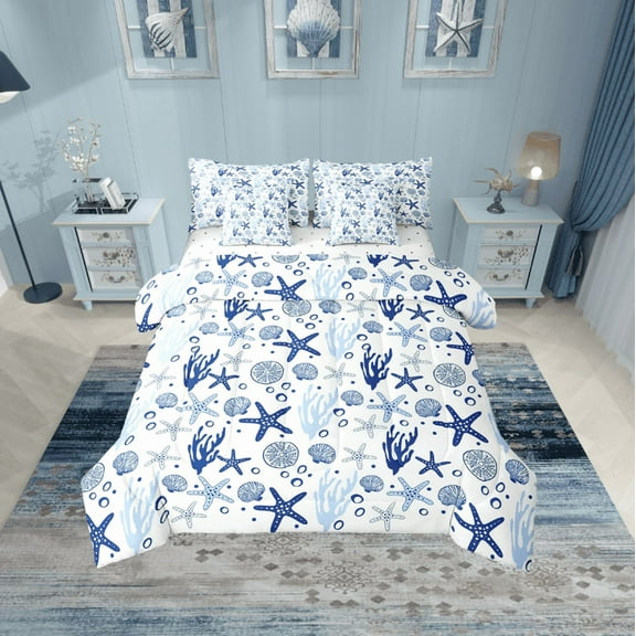Erosebridal Blue Starfish Bedding Sets Twin Size,Marine Animal Comforter Sets with Sheets,Sealife Room Decorative,Reversible,Breathable,7pcs