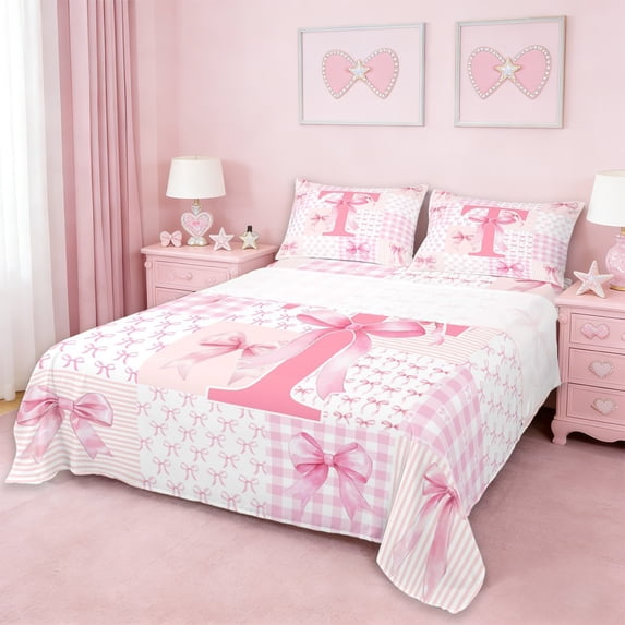 Erosebridal Pink Initial Letter T Kids Bed Sheets,Geometric Checkered Cute Bowtie King Sheets For Girls 4 Pieces
