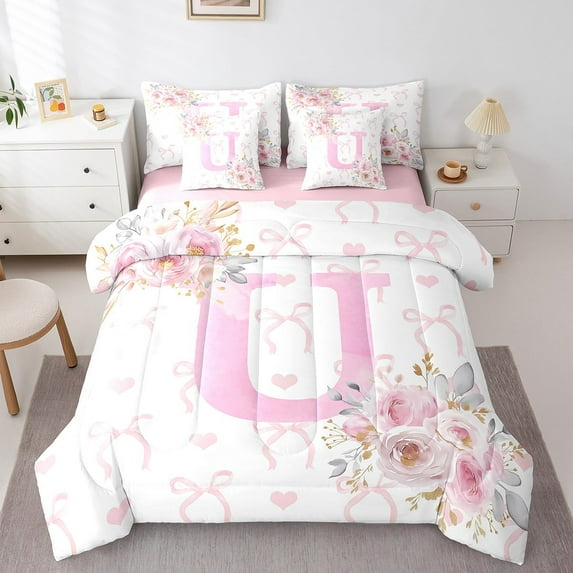 Erosebridal Pink Initial U Bedding Twin Size, Valentines Day Bed in a Bag Twin size, Romantic Rose Decor, Reversible 7-Piece