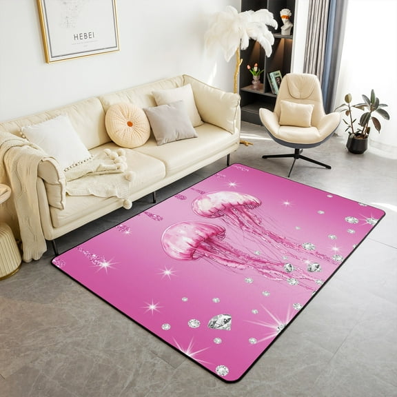 Erosebridal Pink Jellyfish Area Rugs For Living Room 3x5,Crystal Sequin Print Living Room Decor,Bling Decor