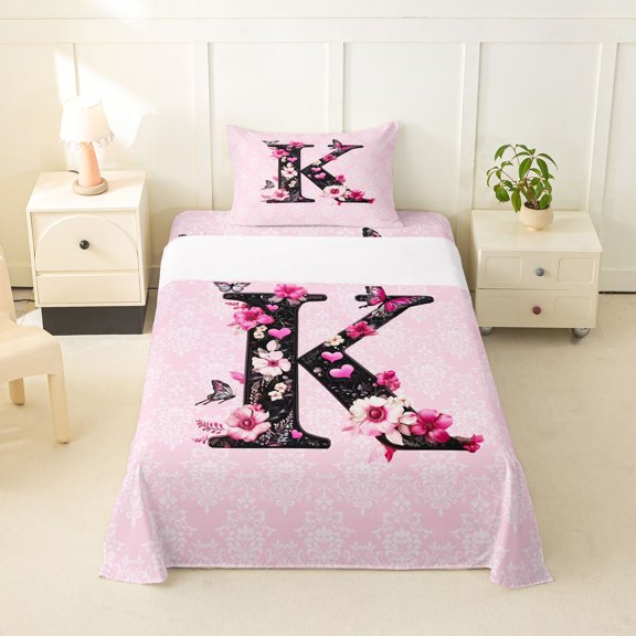 Erosebridal Pink K Letter Kids Twin Sheet Sets, Mandala Damask Groovy Bedding, 3 Pieces