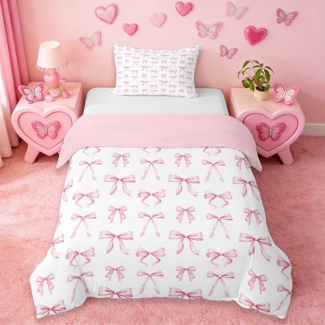 Erosebridal Pink Kawaii Bowknot Twin Bedding For Bows Lovers,Kawaii Bowknots Bow Tie Duvet Cover Set 2pcs,No Comforter,Reversible