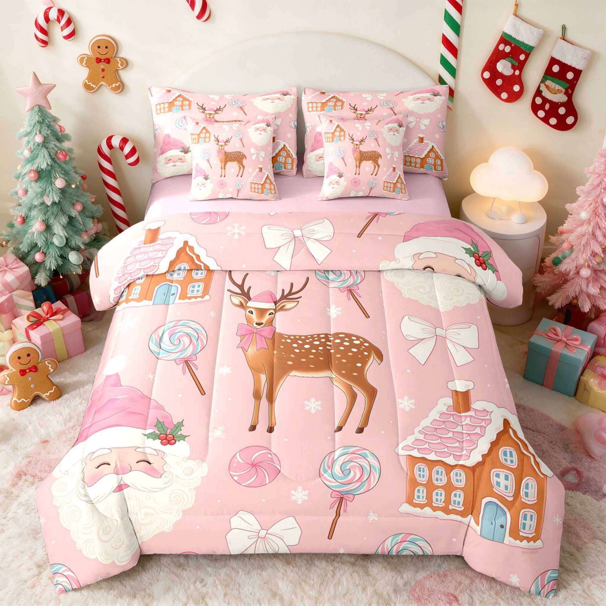 Pink Comronterer Manfei Pink King Bedding 7 Pieces Holiday King Bed in a Bag, Gray Green ...